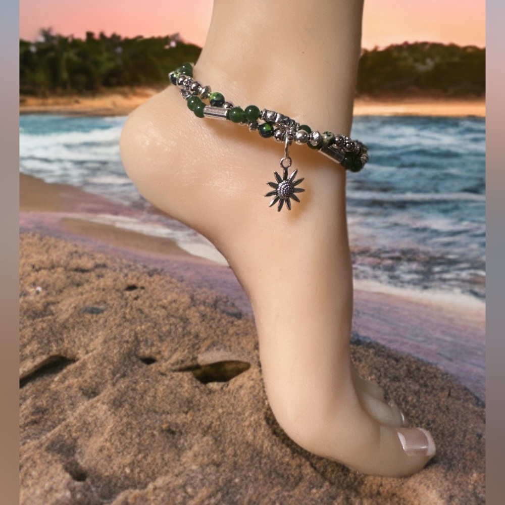 Imperial Jasper & Jade Sunflower Twisted Bead Ankle Bracelet in Silvertone